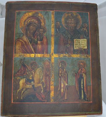 Икона четырехчастник &laquo;Богоматерь Казанская, Николай Чудотворец, Георгий Победоносец, Св. Иоаким 