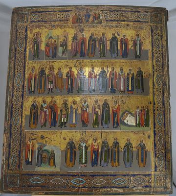 Икона "Минея Февраль". Темпера, золочение, резьба по левкасу. кон.19-нач.20 вв. Размер 35,5х30,5 см