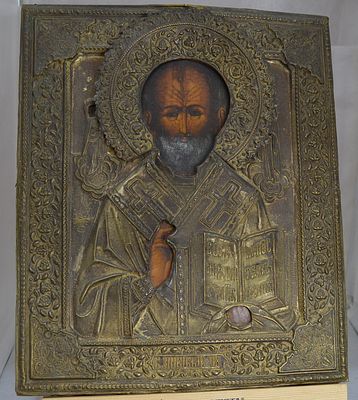 Икона "Николай Чудотворец". Оклад-латунь. 1043 Икона "Николай Чудотворец". Оклад-латунь. Нач ХХ 