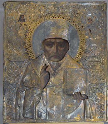 Икона "Николай Чудотворец Зимний" в серебряном окладе 1883г . 1099 Икона " Николай Чудотворец 