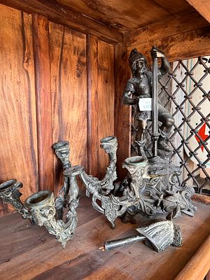 A Victorian Grand Tour bronze candelabra of a Knight Templar. As Found.