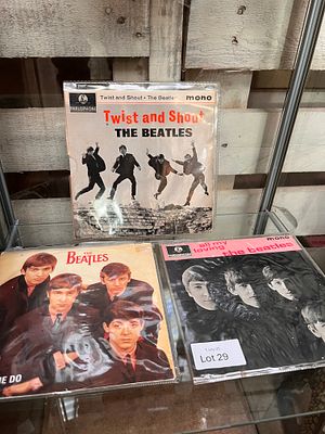 Three Beatles 45rpm singles All My Loving, Twist and Shout and Love Me Do.