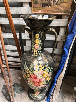 A mid century large floor standing twin handle vase, hand decorated signed Lav Anamo. 102cm 