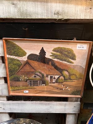 An early 20th century naive folk art pokerwork and painted picture Manx Cottage by A Richardson.