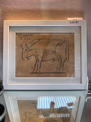 An unverified Pablo Picasso mixed media of a bull on heavy set paper. Dated 12.4.54 signed 