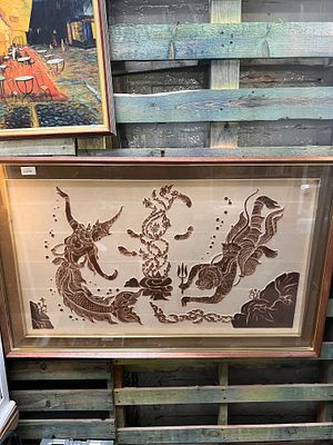 A mid century Thai Hindu Buddhist Temple rubbing art of mythical sea creatures. 118cm x 75cm