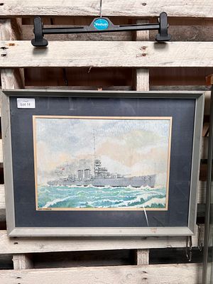 A vintage gouache painting of a Battle ship H.M.S Diomede. 53cm wide