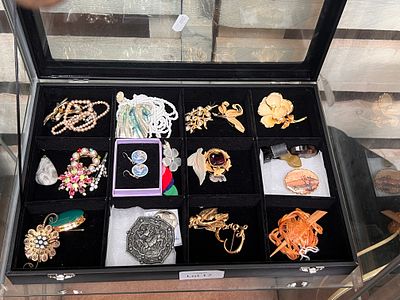 A selection of costume jewellery in display case.