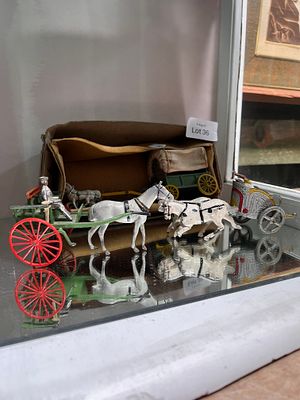 A J Hill and Co chariot, a Britains farmer's gig and similar covered wagon.