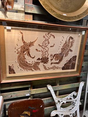 A mid-century Tibetan rubbing artwork of mythical sea creatures. 117cm x 75cm