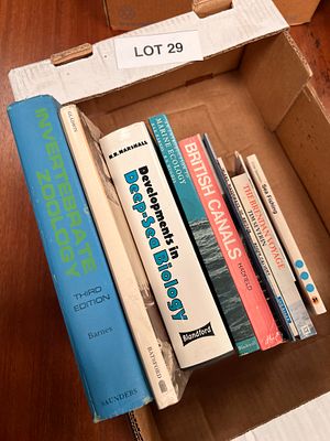 A selection of books on canals, marine biology, etc