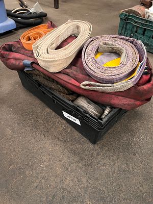 A crate of various lifting slings
