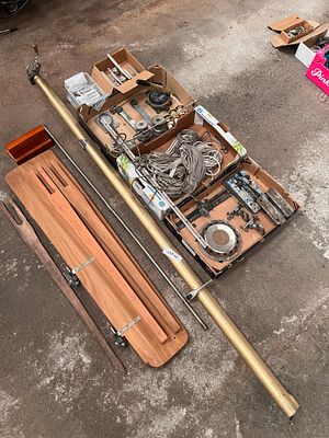 A Fox Cub mark 1 sailing boat, multiple spares to include new rudder, used boom, cross tree