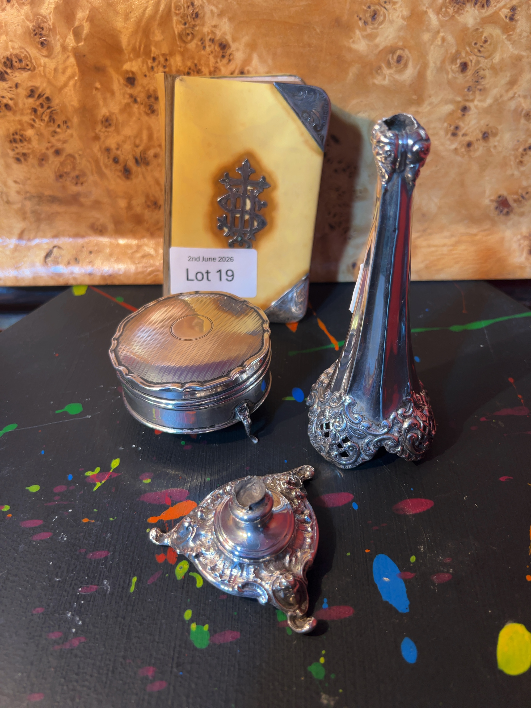 A Trio of Antique Items Comprising a Hallmarked Sterling Silver Trinket Box, a Sterling Silver Trumpet Vase, and an Ivorine Prayer Book