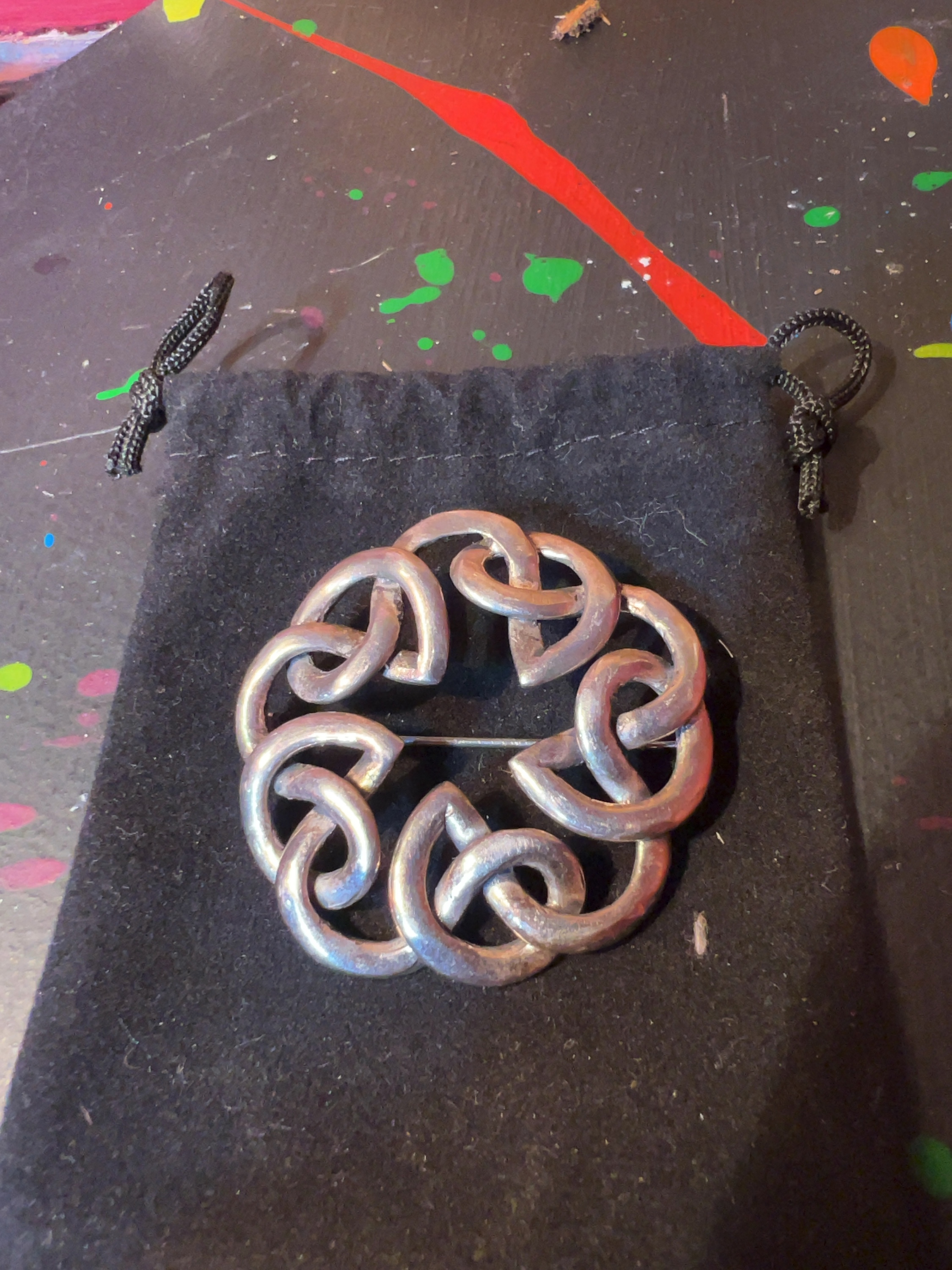 Celtic Revival Annular Brooch with Lughs Knot Motif in Sterling Silver