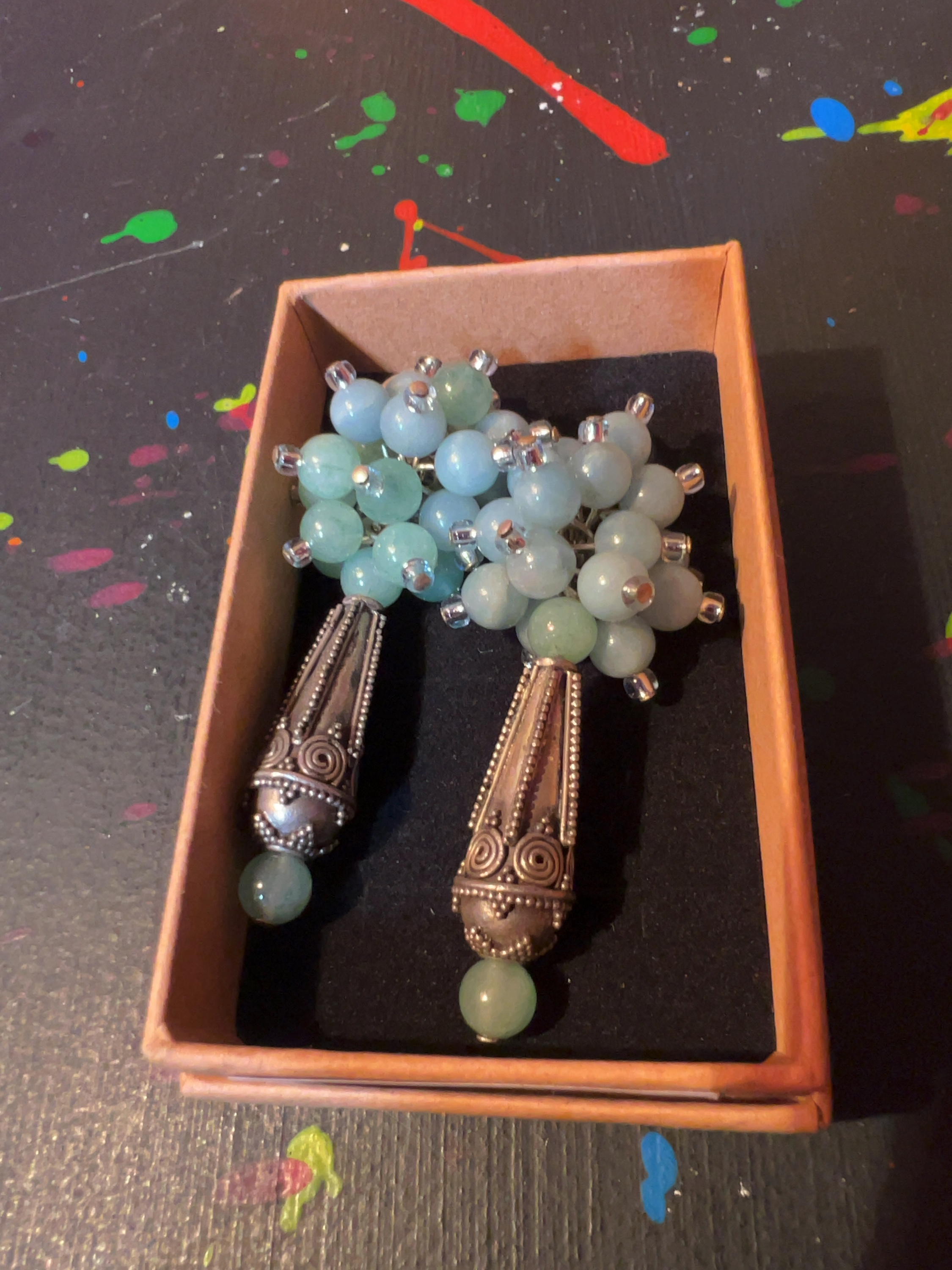 A Pair of 925 Sterling Silver and Beaded Cluster Drop Earrings