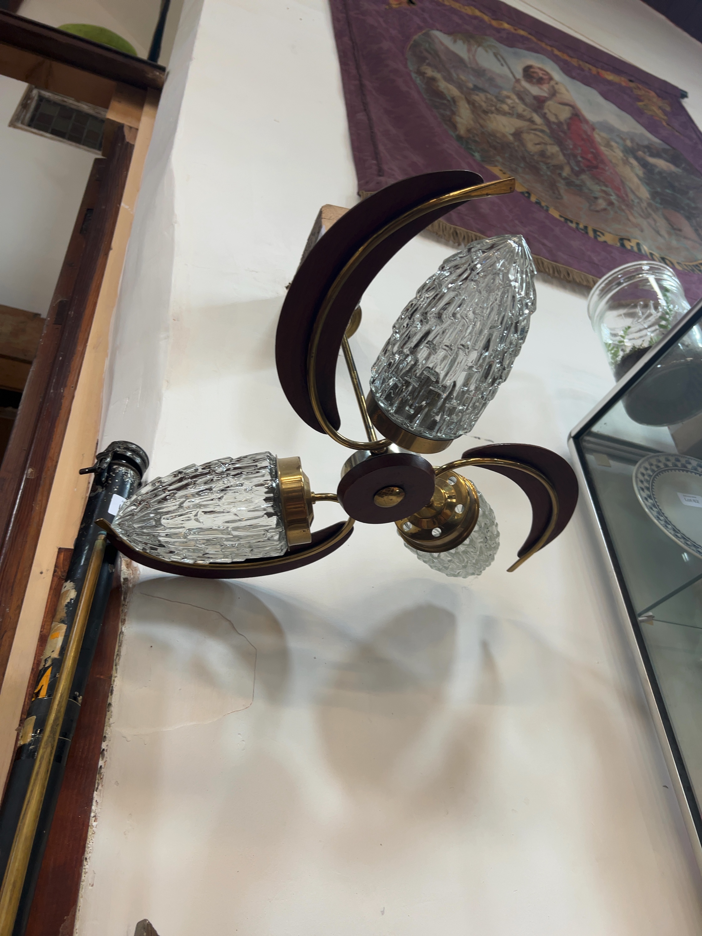 Mid-Century Modern Three Arm Ceiling Pendant Light with Bark Effect Glass Shades