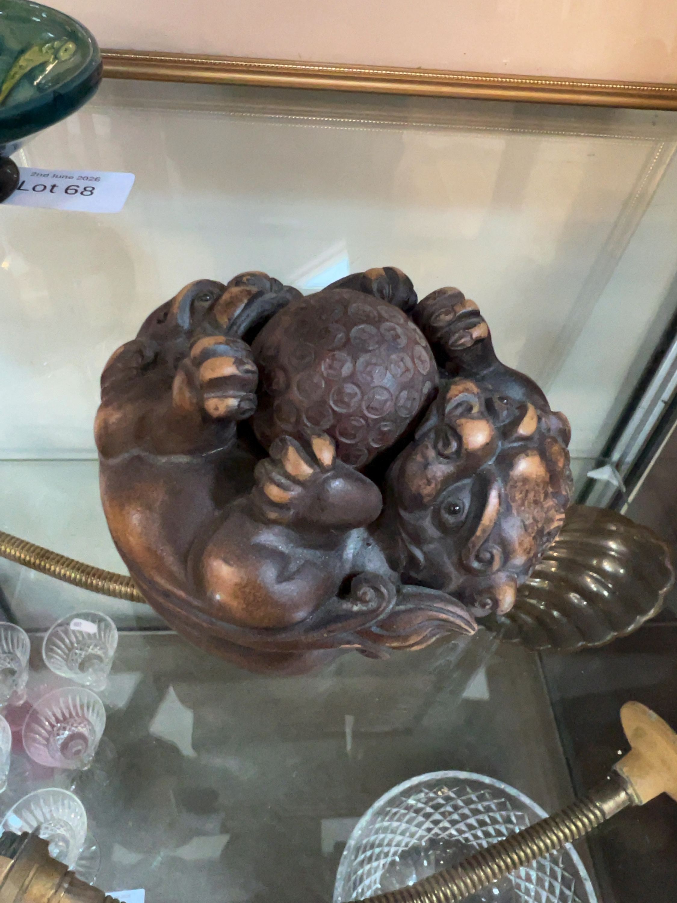 Japanese Ceramic Okimono of Two Shishi Lions and Brocade Ball