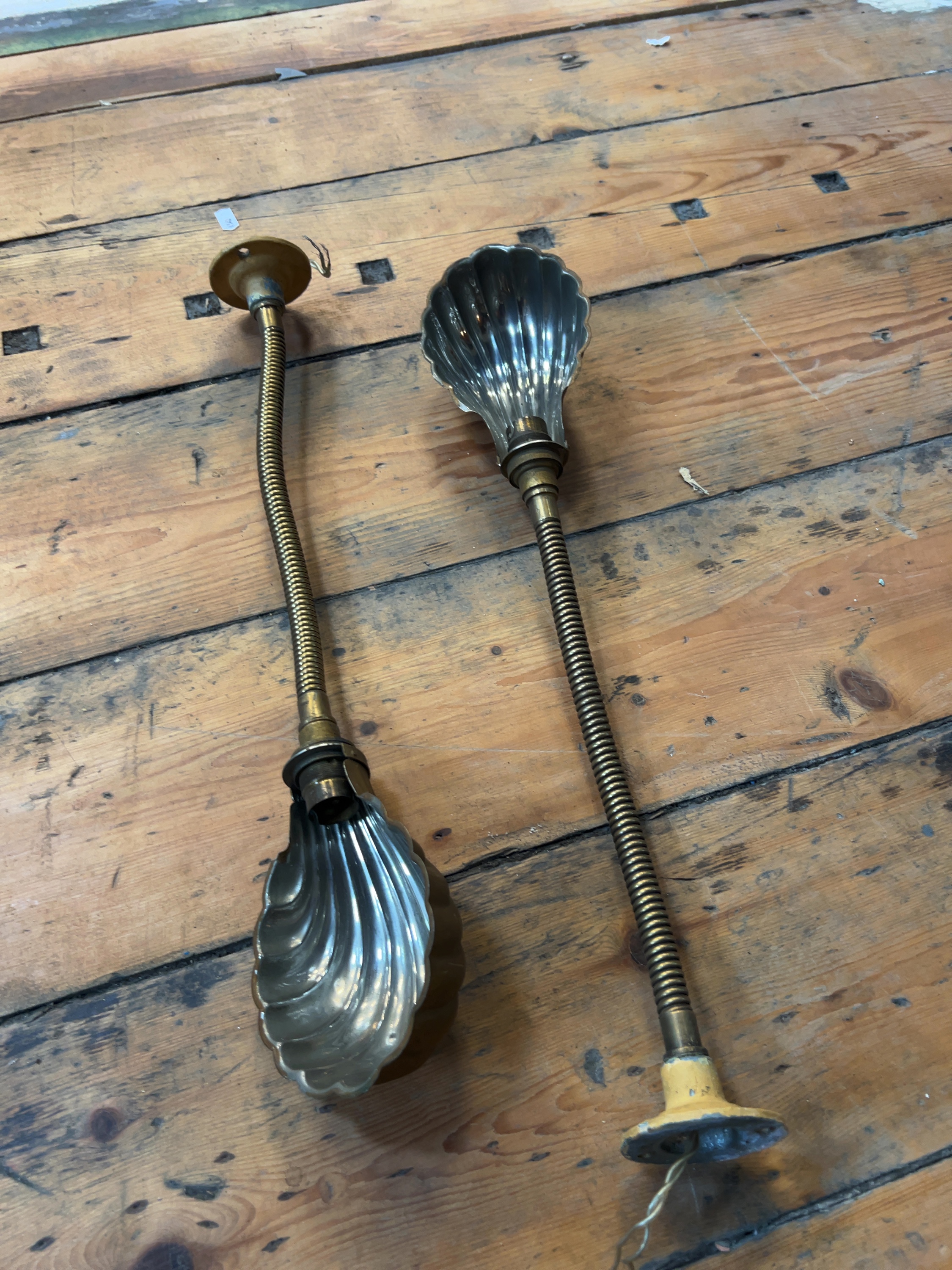 A Pair of Vintage English Brass Gooseneck Wall Lamps with Shell Shades by S. Lilley and Son