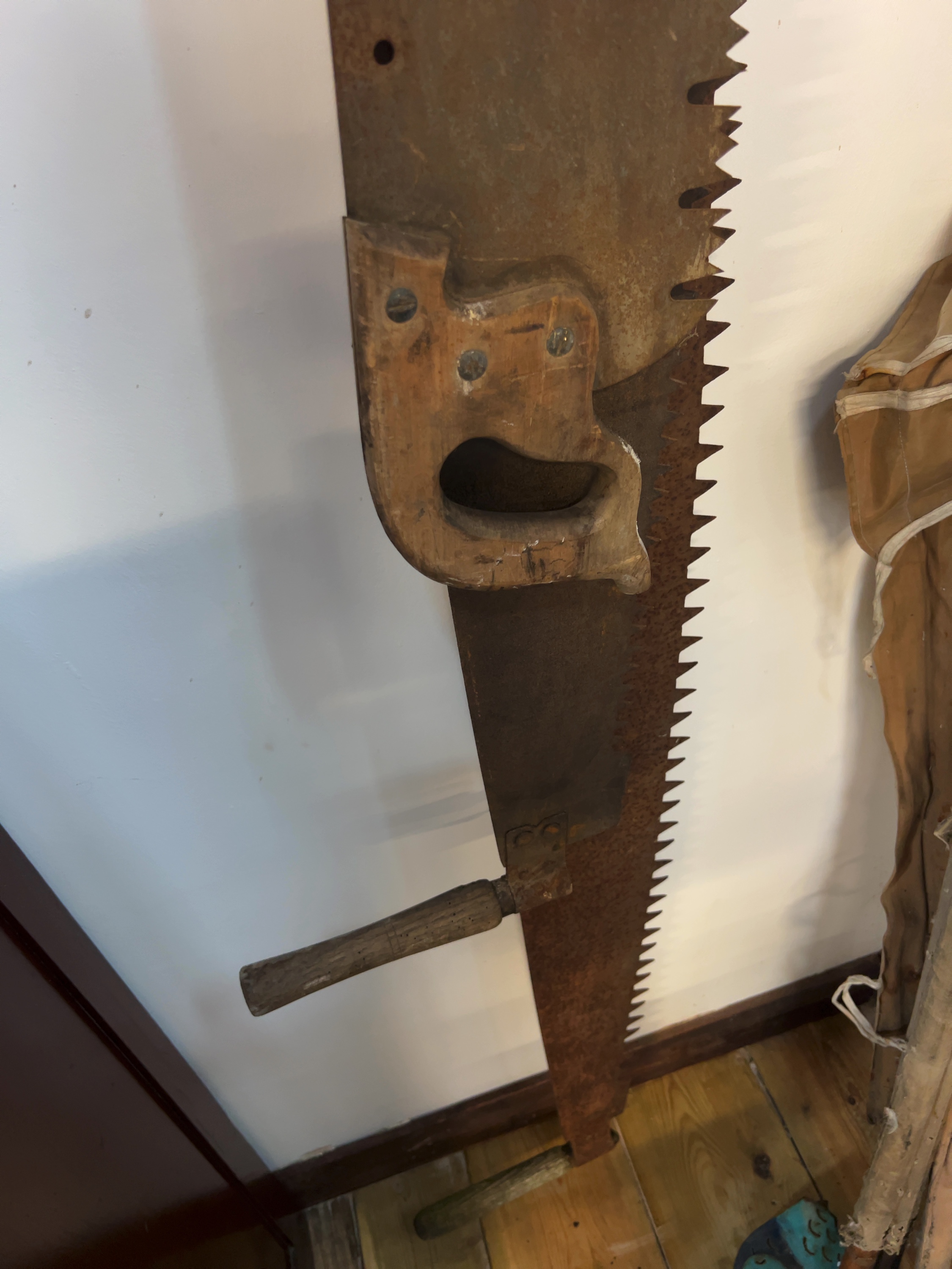 Antique Steel and Wood One-Man Crosscut Logging Saw