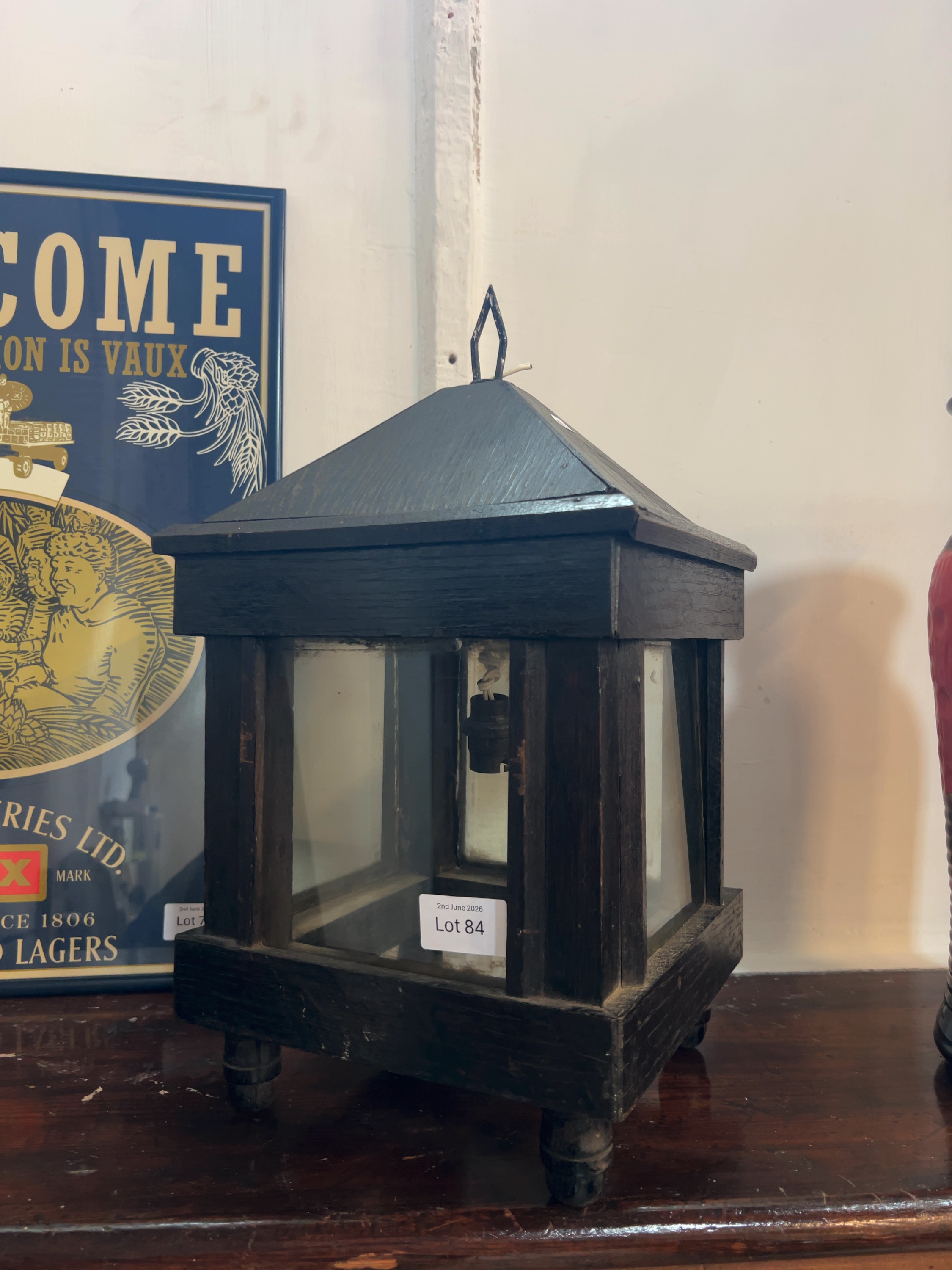 An Arts and Crafts Style Dark Stained Wooden Lantern Table Lamp