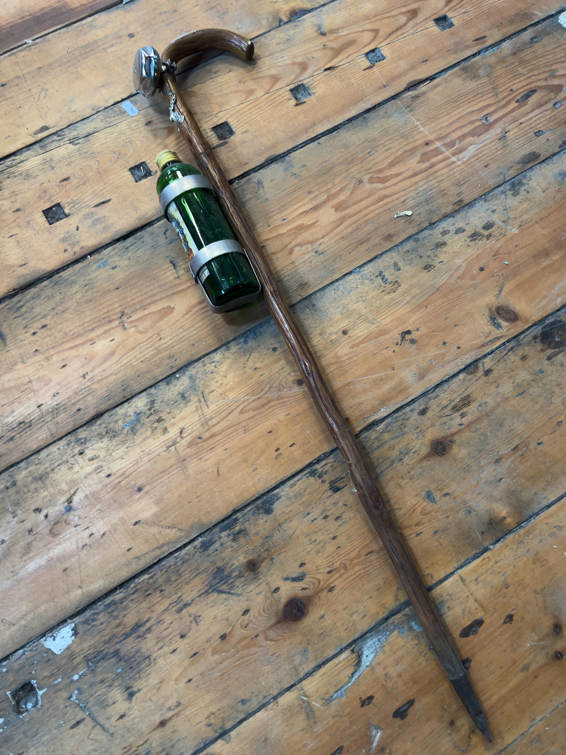 Vintage German Natural Wood Wanderstock Hiking Stick with Bell and Liqueur Bottle