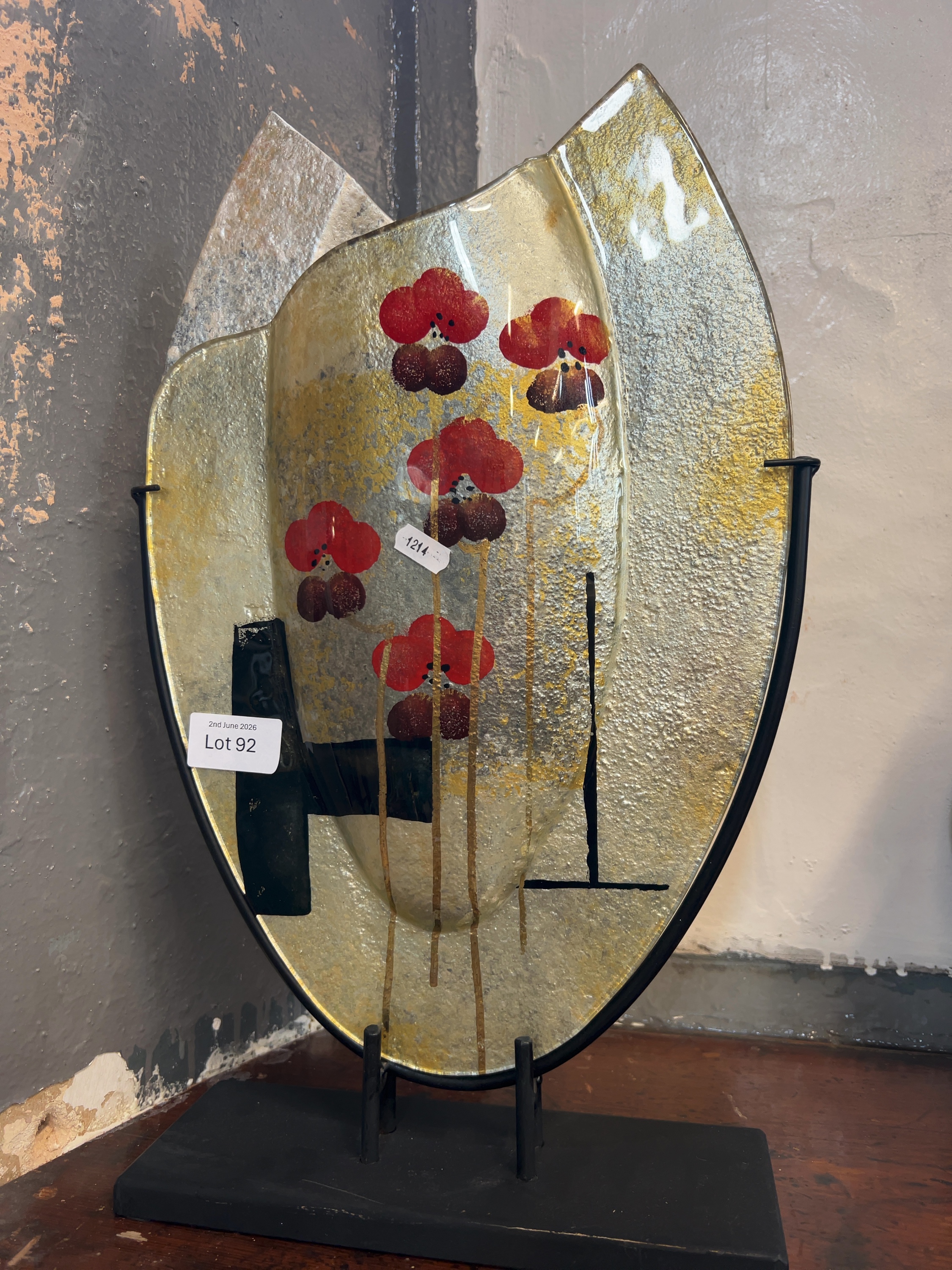 Contemporary Slumped and Fused Art Glass Tabletop Sculpture on Stand