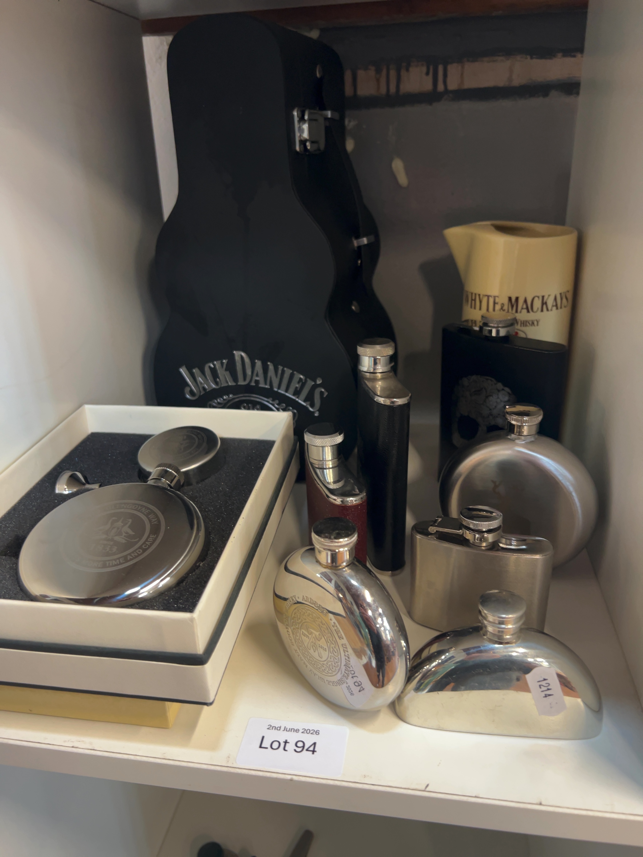 A Collection of Whisky Memorabilia and Assorted Hip Flasks including Jack Daniel's and Glengoyne