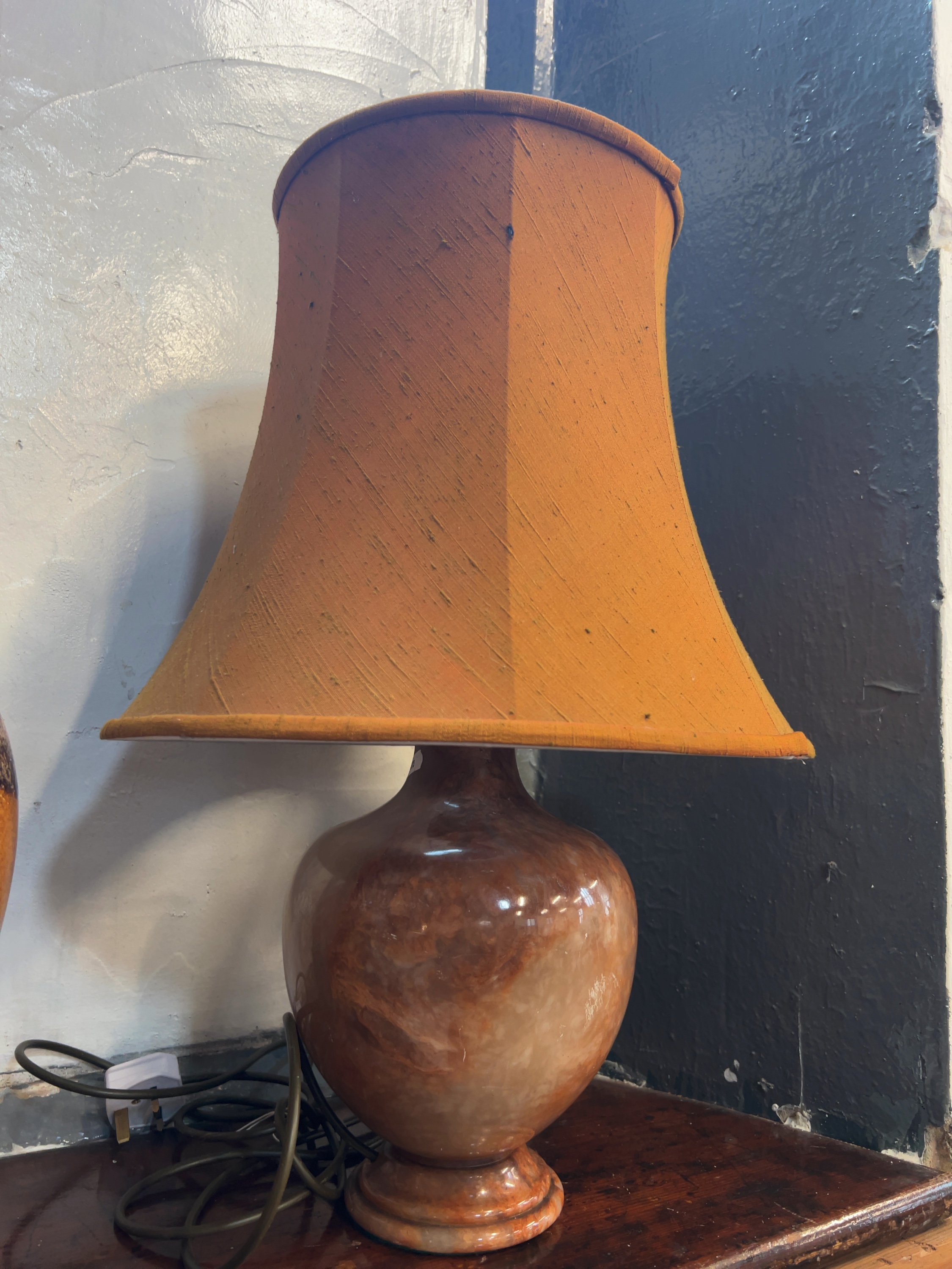 Mid-20th Century Carved Mottled Alabaster Table Lamp with Bell-Shaped Fabric Shade