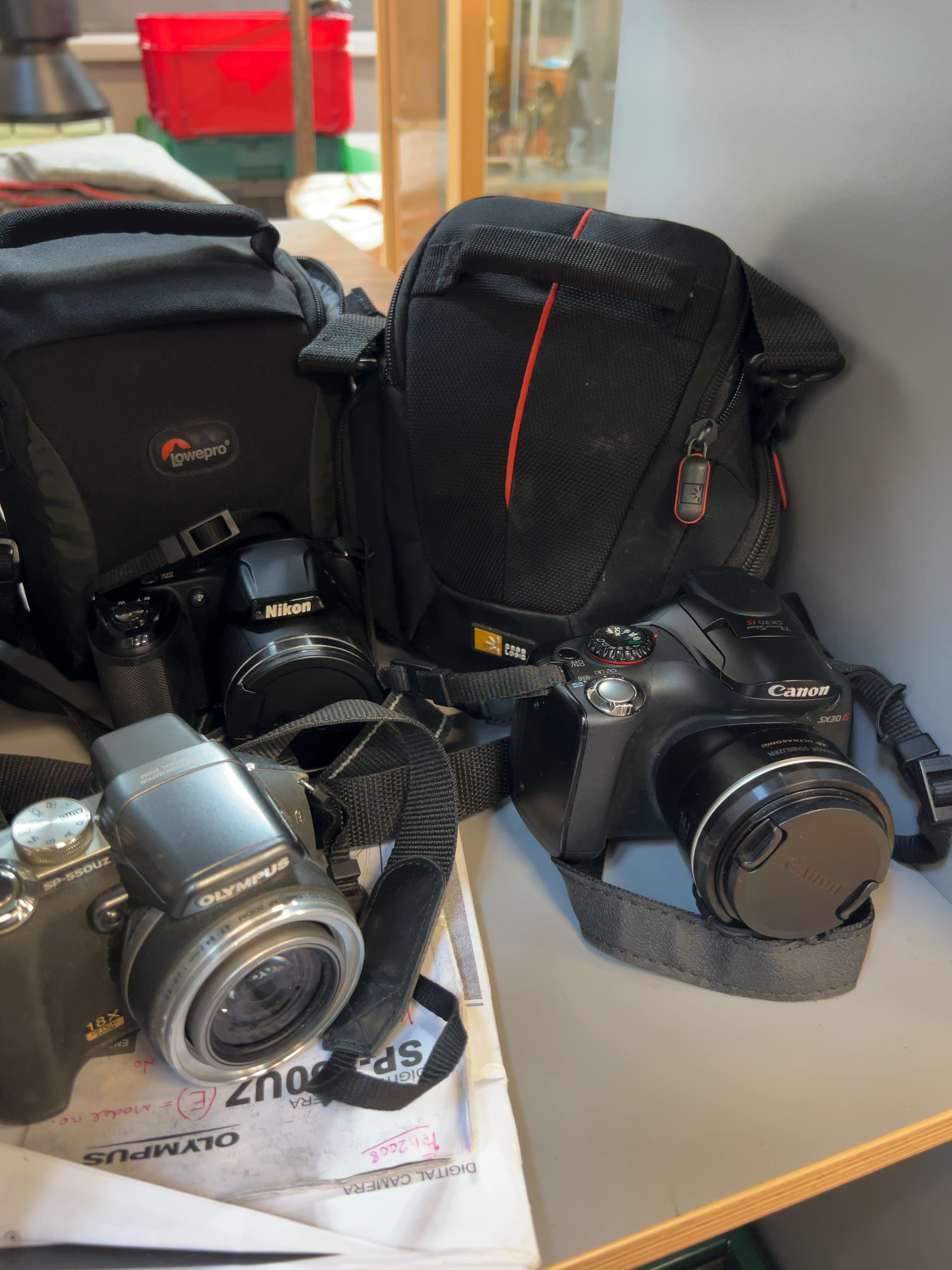A Trio of Digital Bridge Cameras by Canon, Nikon, and Olympus with Carrying Cases