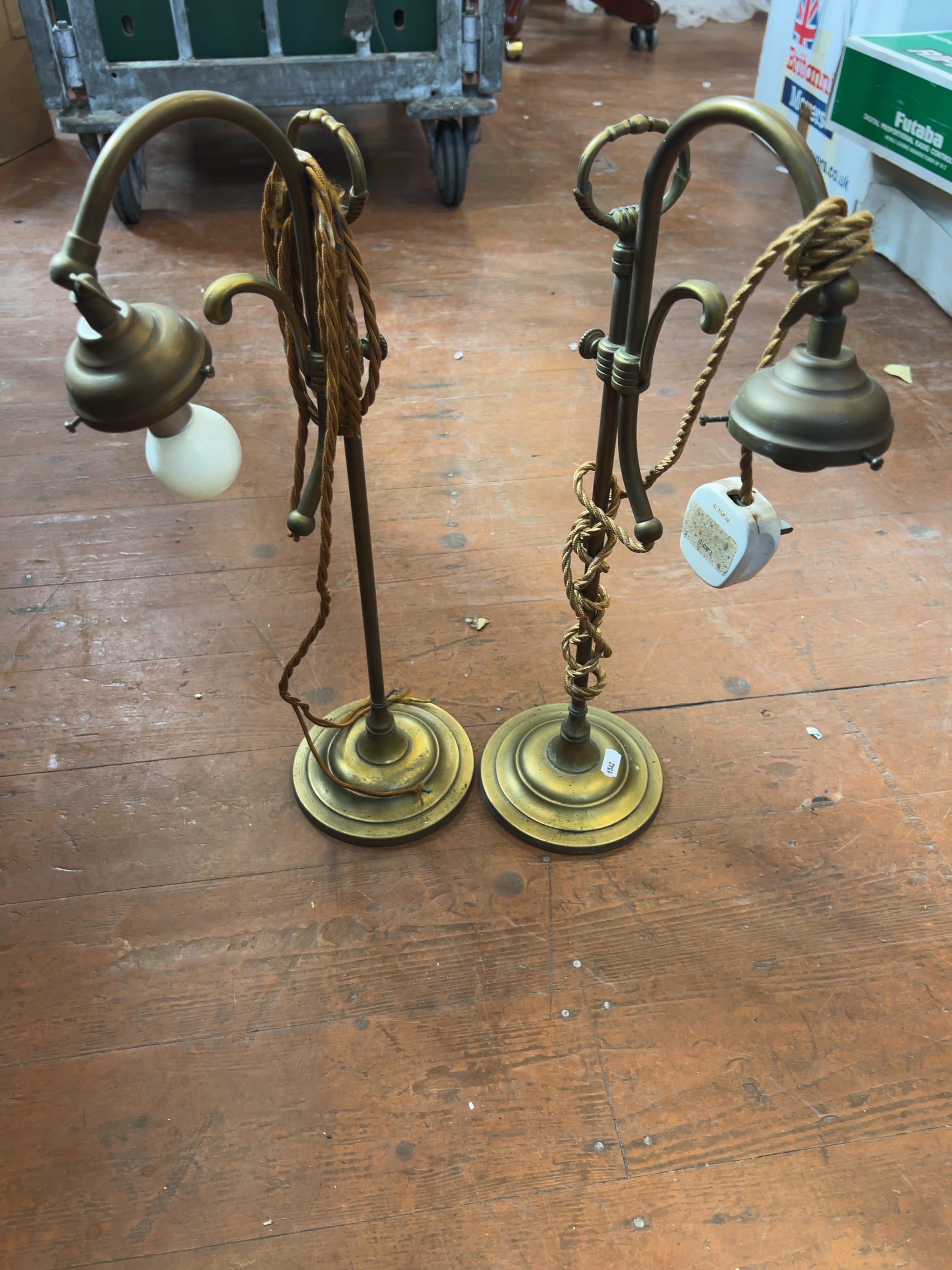 A Pair of W.A.S. Benson Style Adjustable Brass Table Lamps