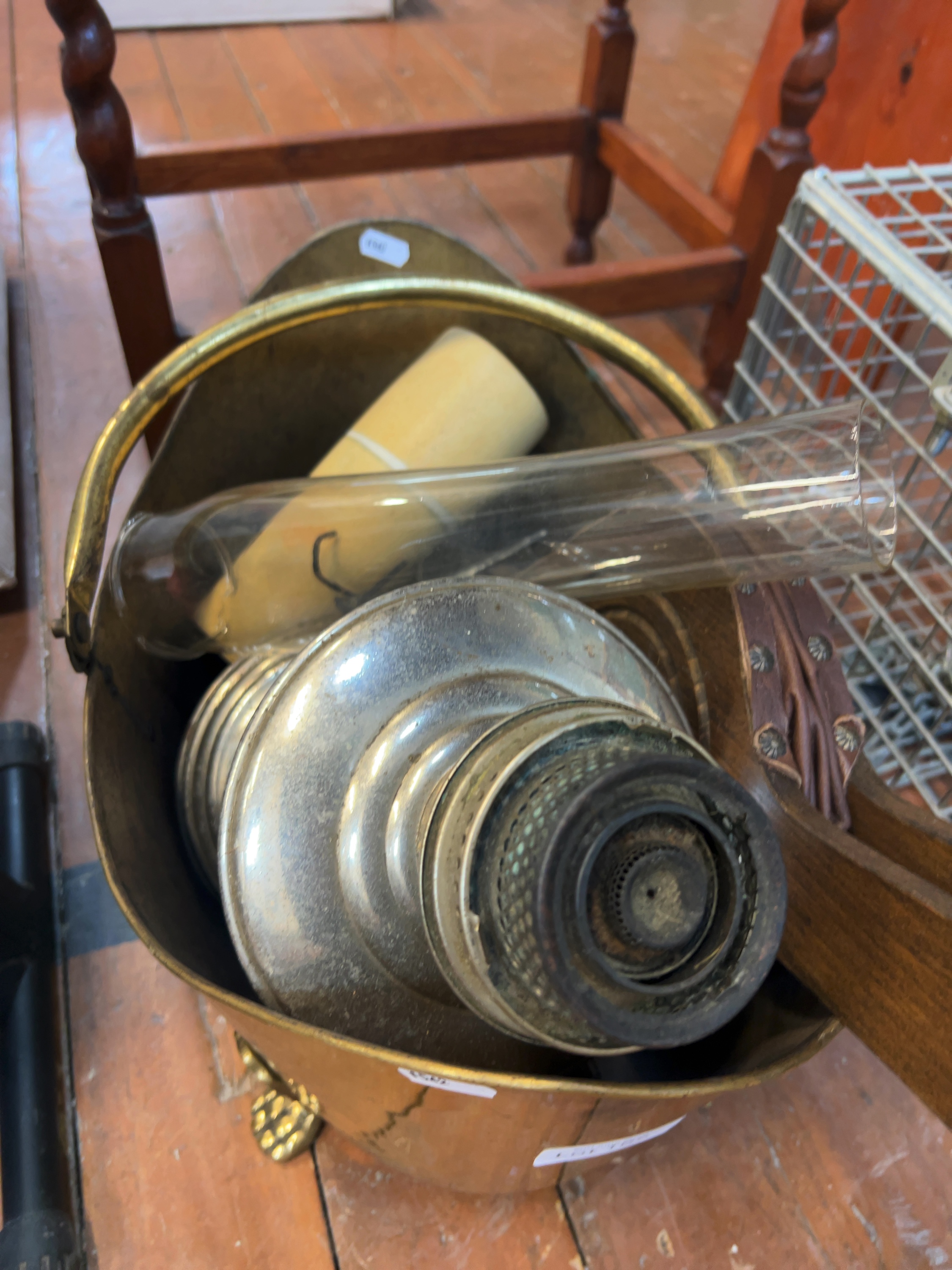 A Collection of Victorian Style Metalware and Fireplace Accessories including a Brass Coal Scuttle and Oil Lamp Components
