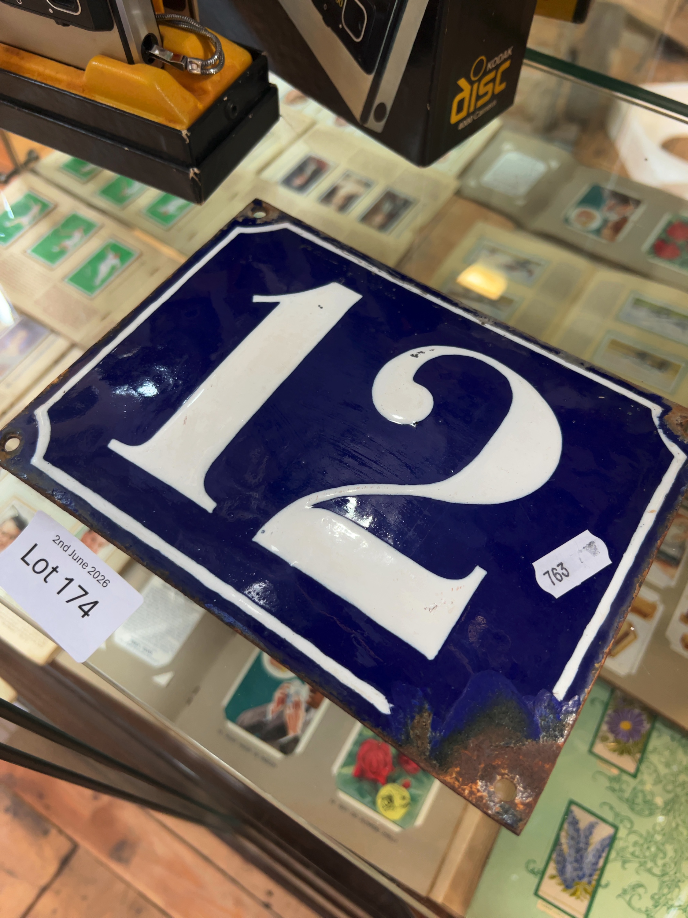 Vintage French Style Cobalt Blue and White Enamel House Number Sign for Number 12