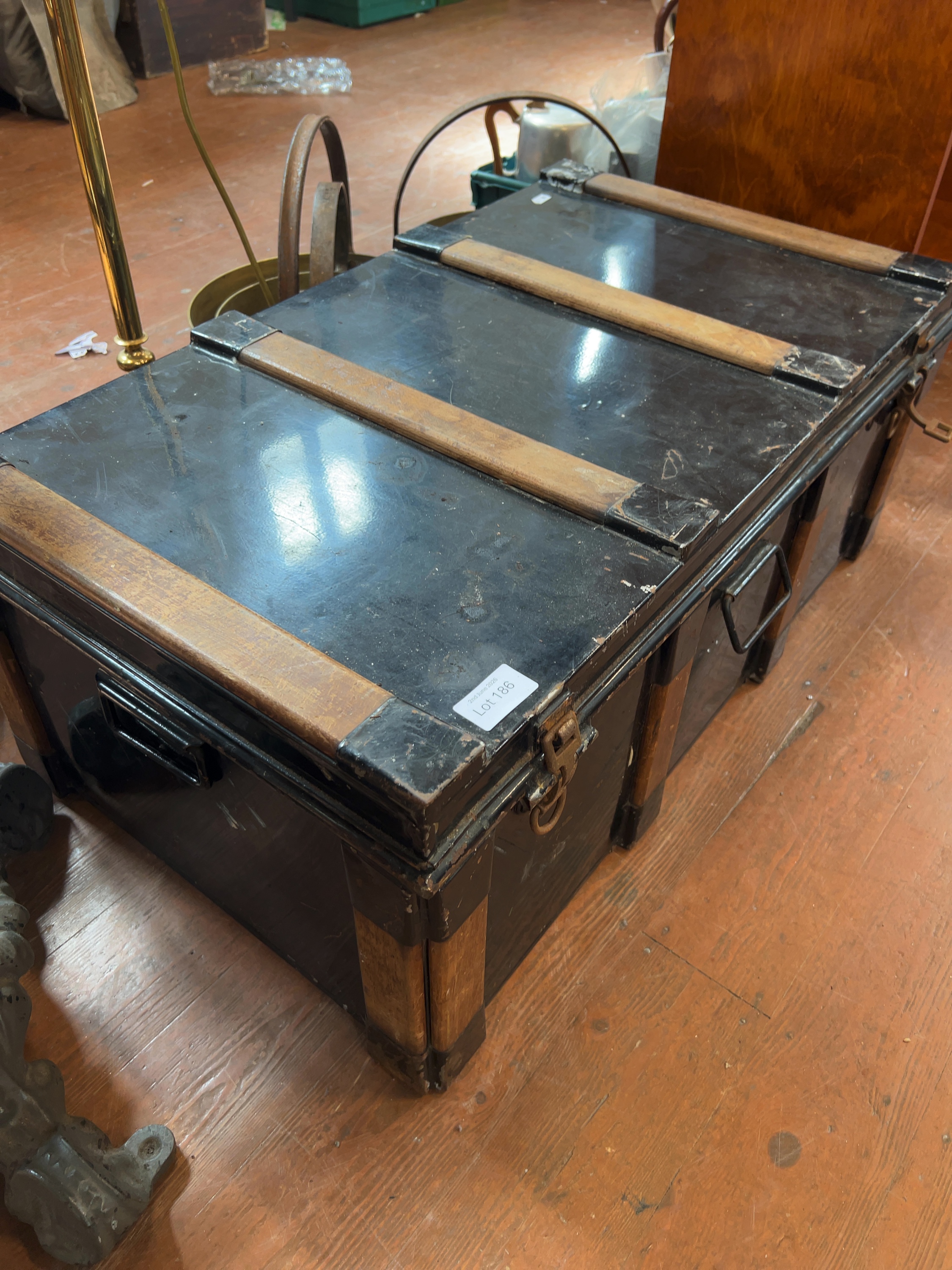 1930s black metal and wood bound steamer trunk