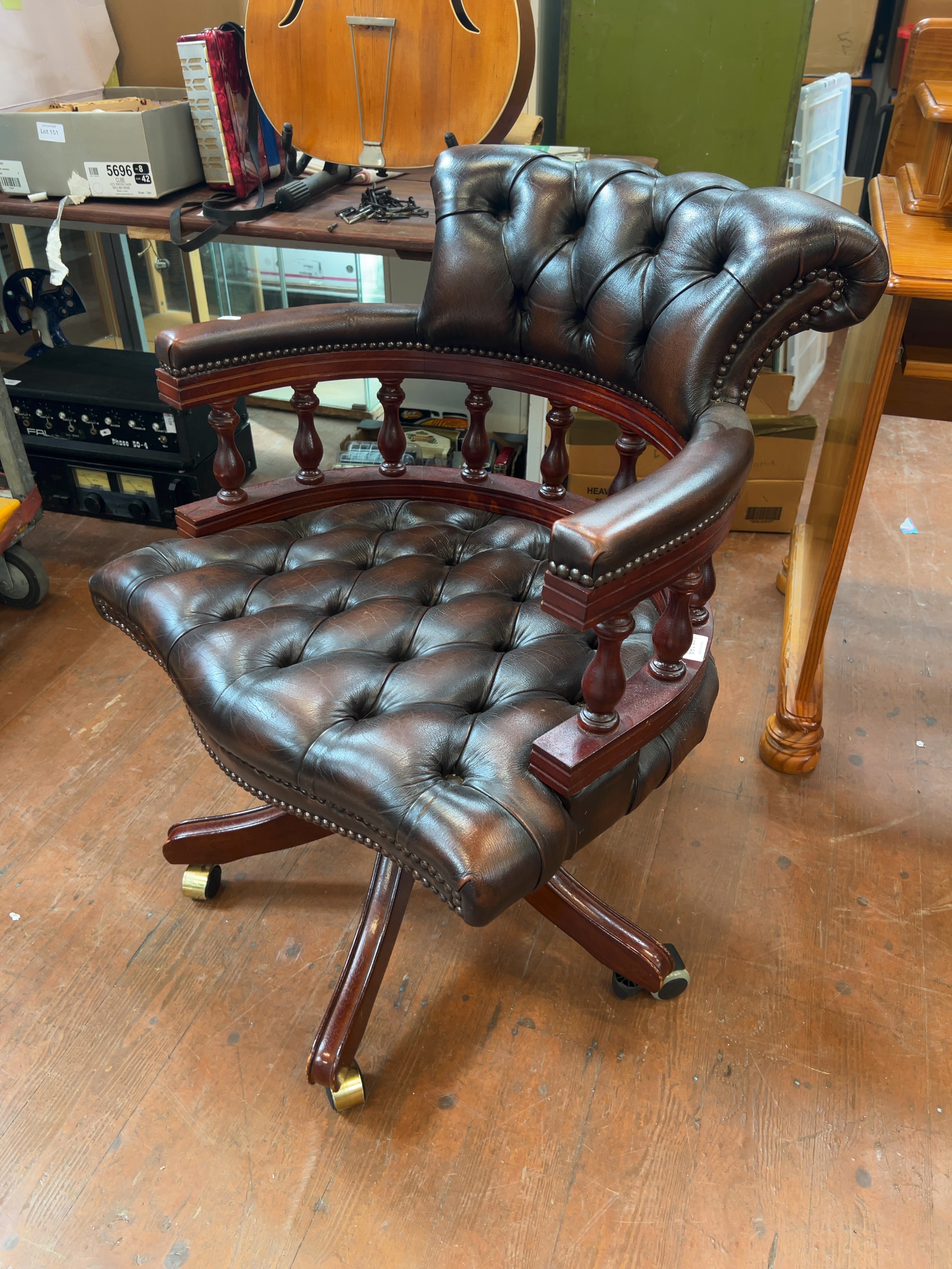 Late 20th Century Victorian Style Leather Captain's Swivel Desk Chair