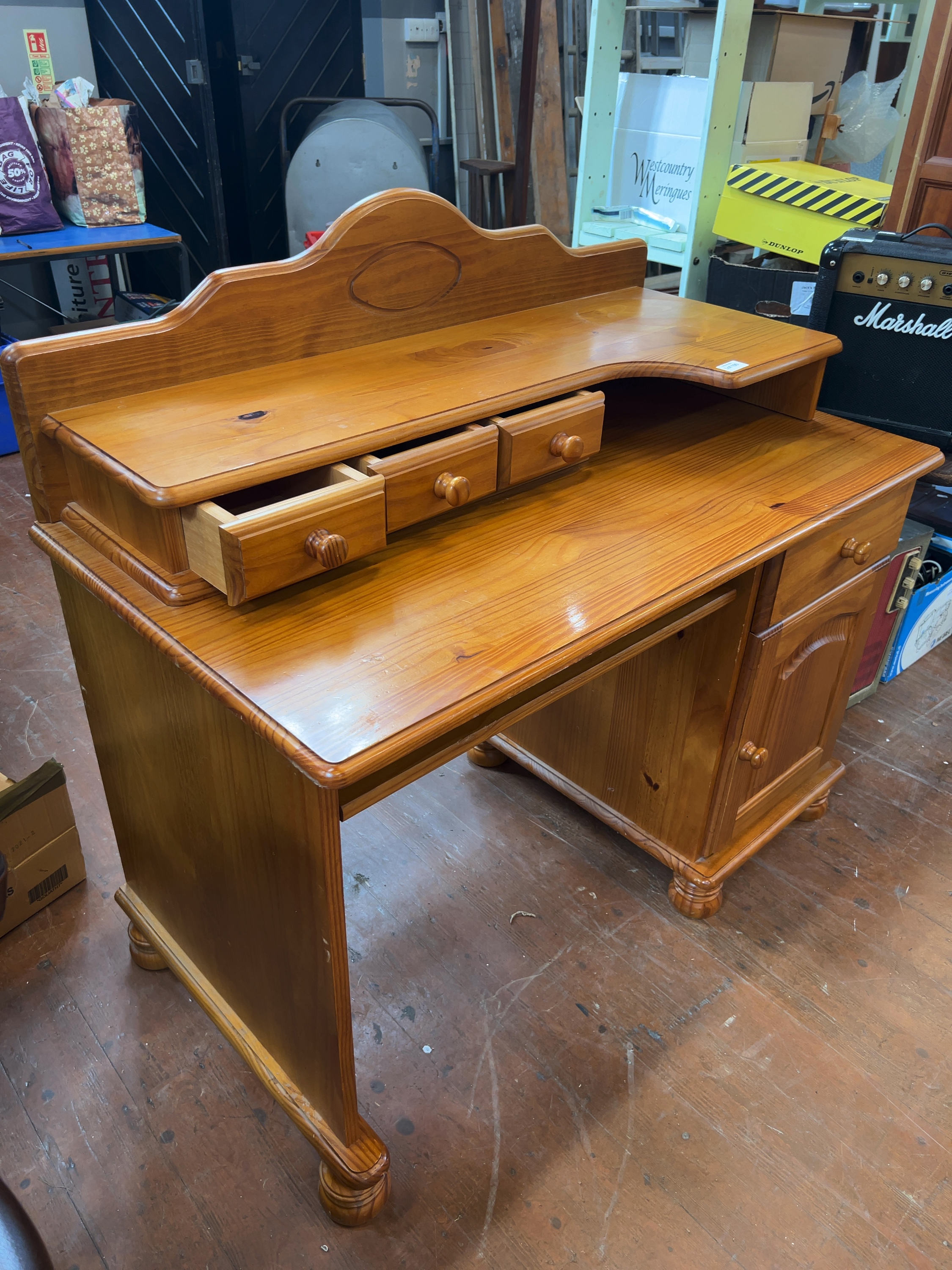 A Late 20th-Century Pine Single-Pedestal Computer Desk with Raised Hutch