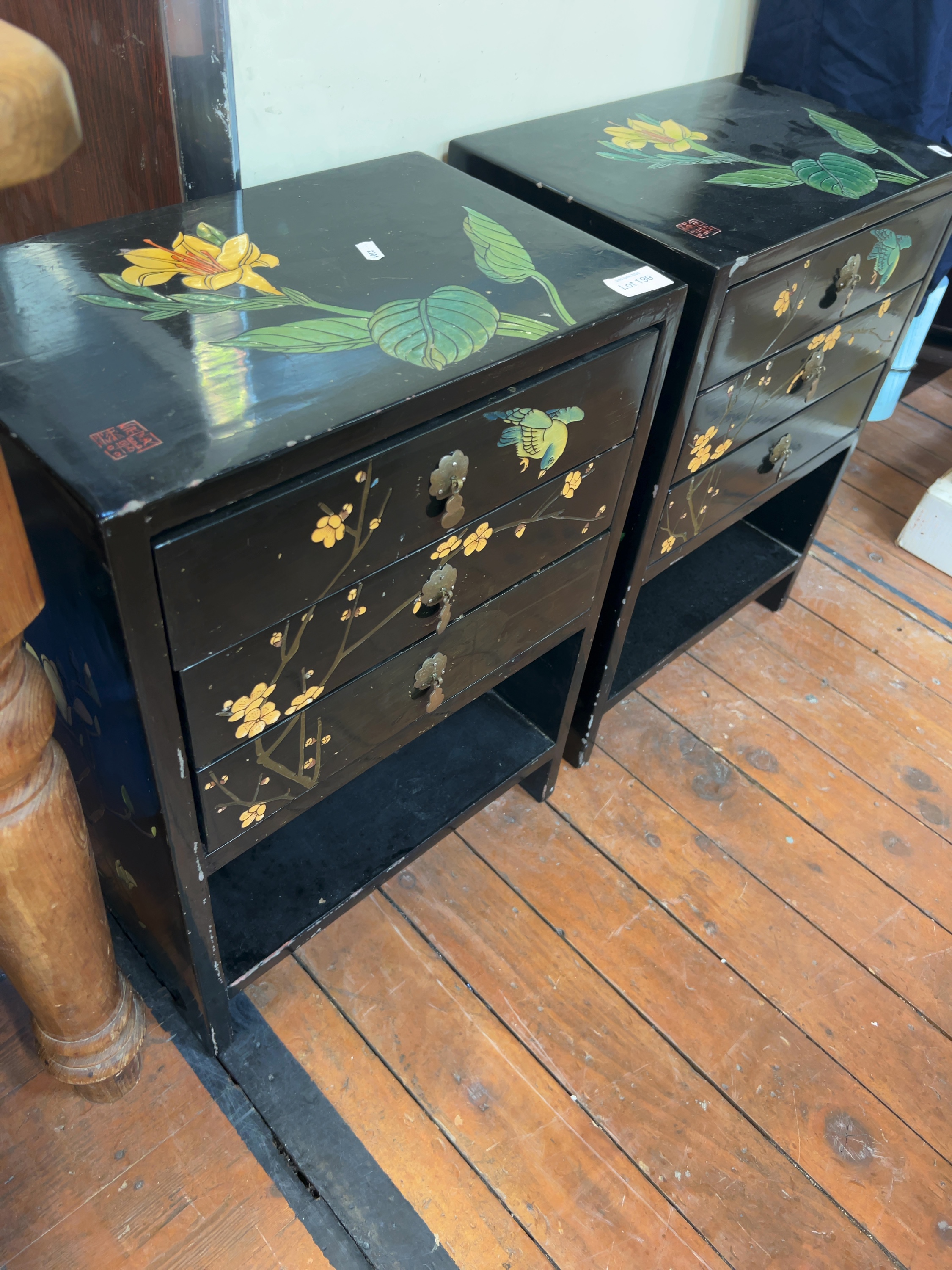 A Pair of Chinese Export Style Black Lacquer Bedside Chests