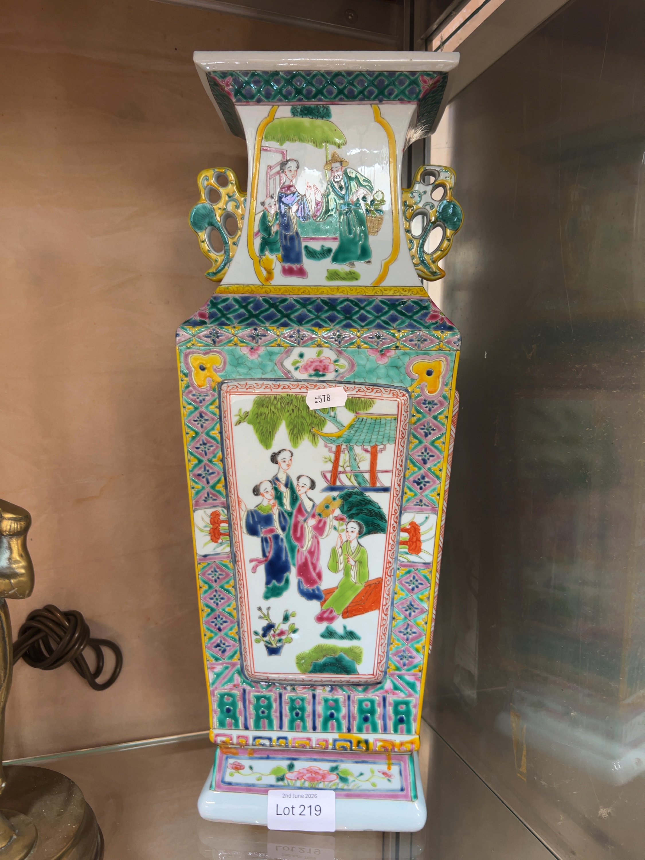 Large Chinese Famille Rose Polychrome Porcelain Quadrangular Vase