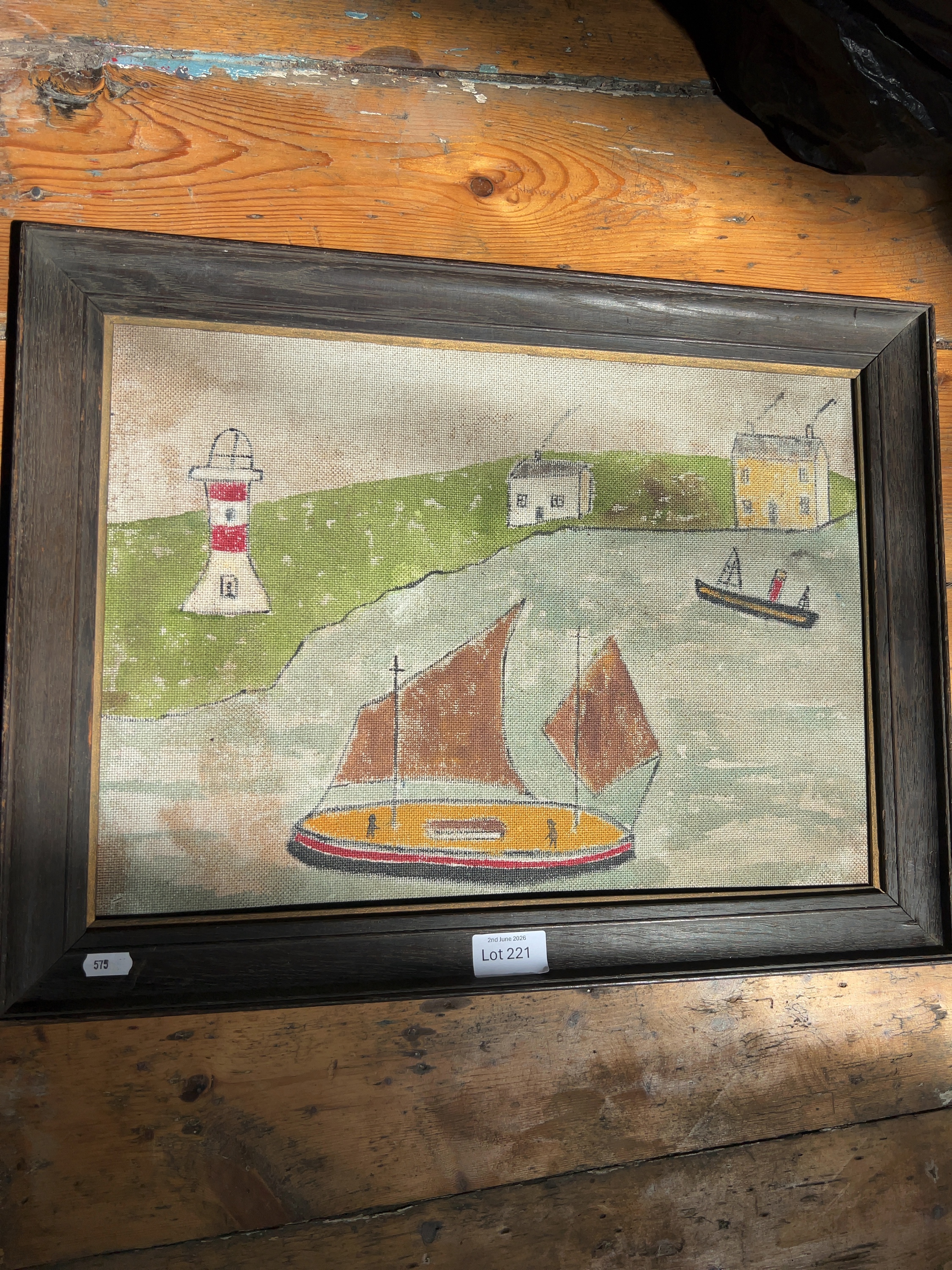 Alfred Wallis, Manner of - Maritime Scene with Lighthouse and Ships (Inscribed verso)