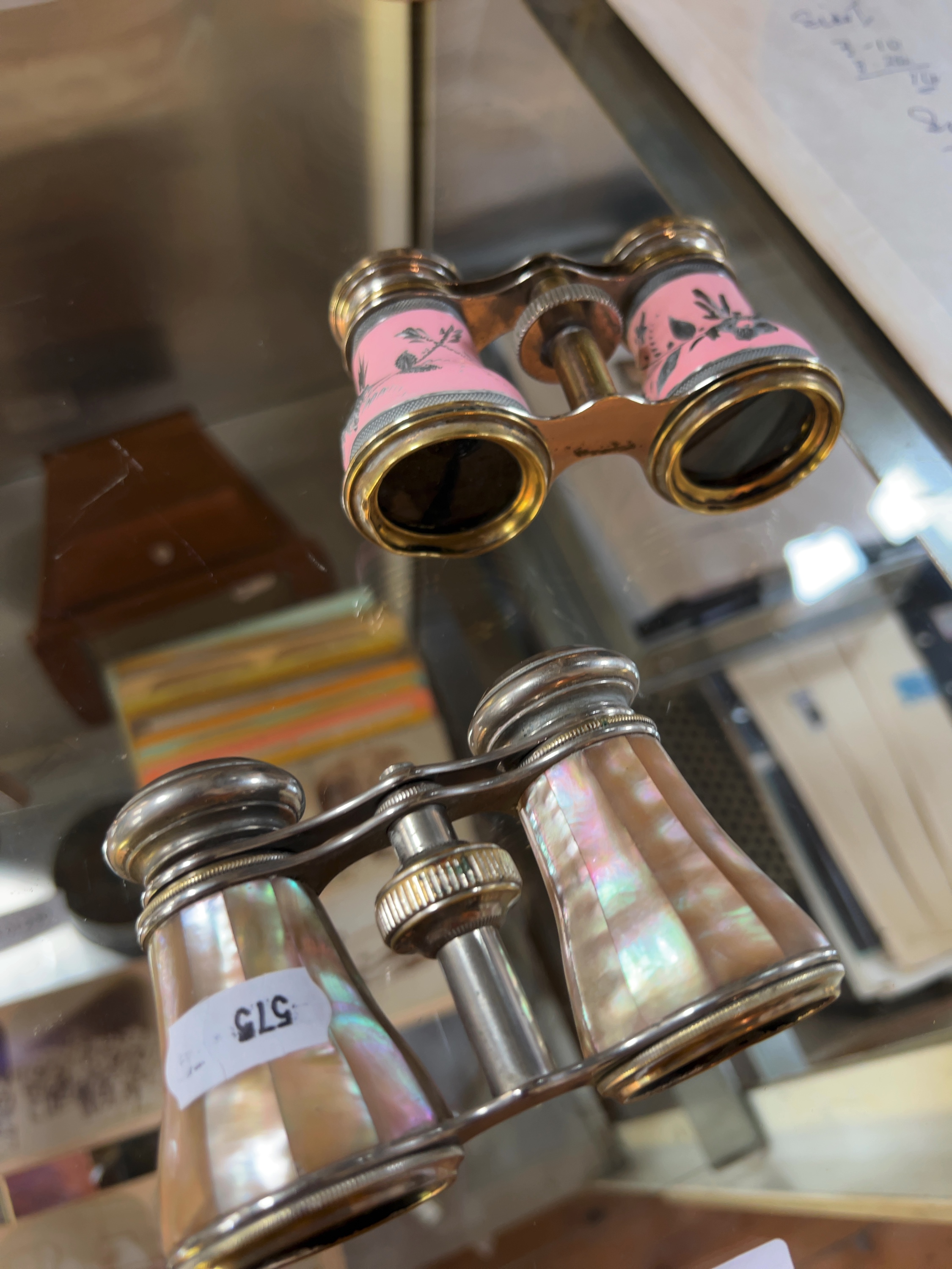 Two Pairs of Antique French Style Opera Glasses Including Mother-of-Pearl and Enamel Examples