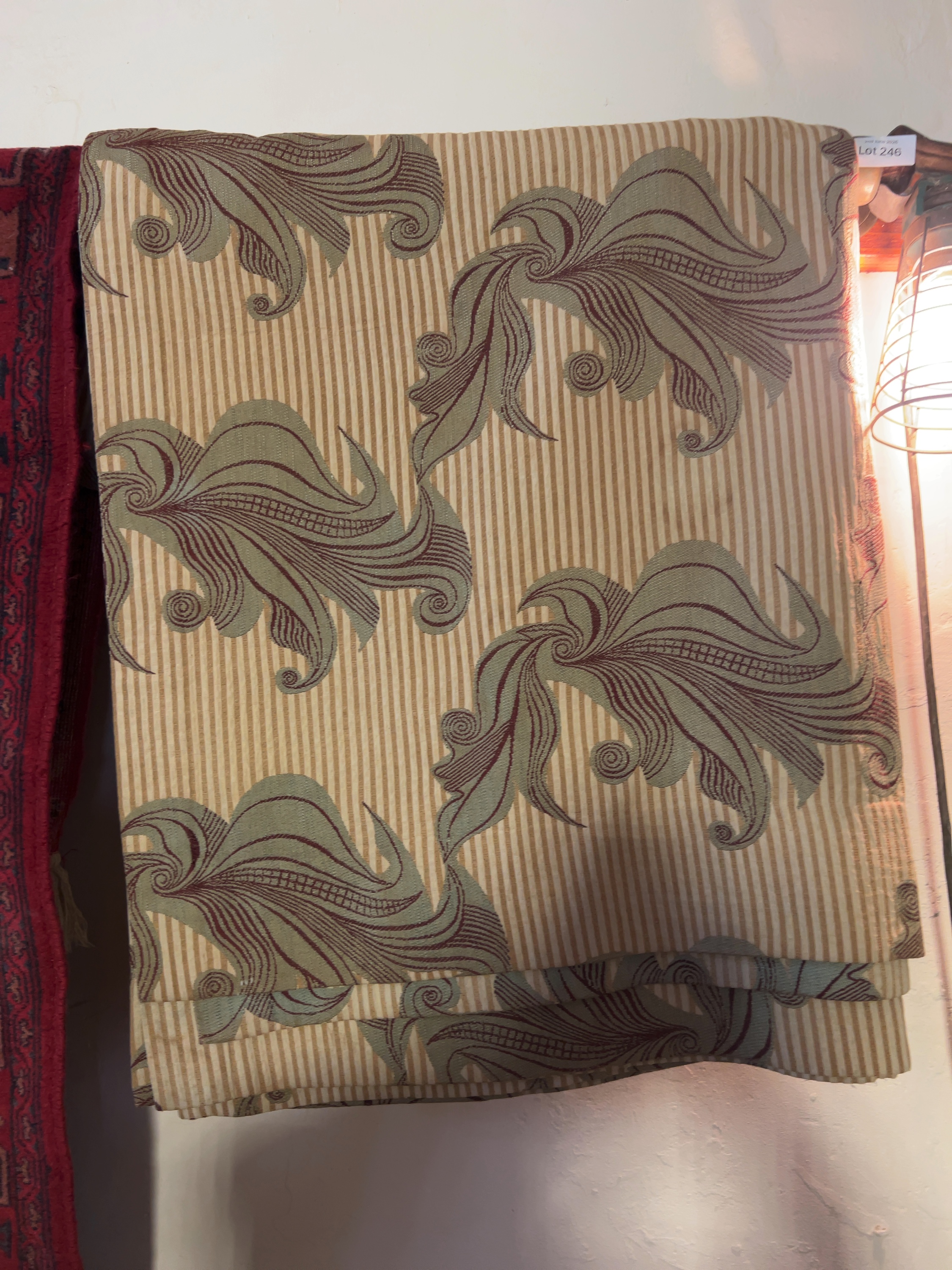 A Pair of Lined and Interlined Curtains in a Foliate Scroll and Pinstripe Pattern