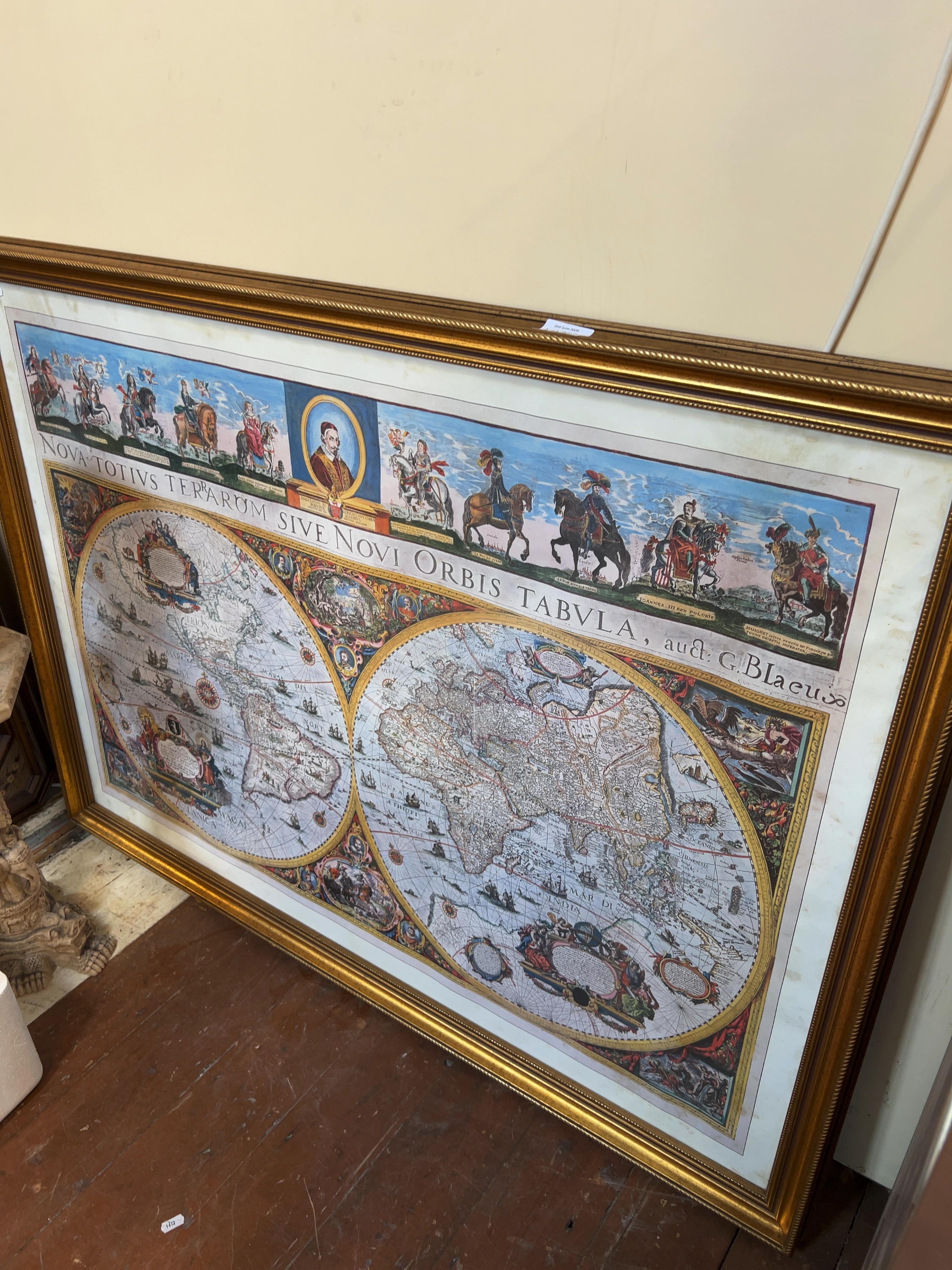 Large Decorative Reproduction World Map after G. Blaeu in a Gilt Frame