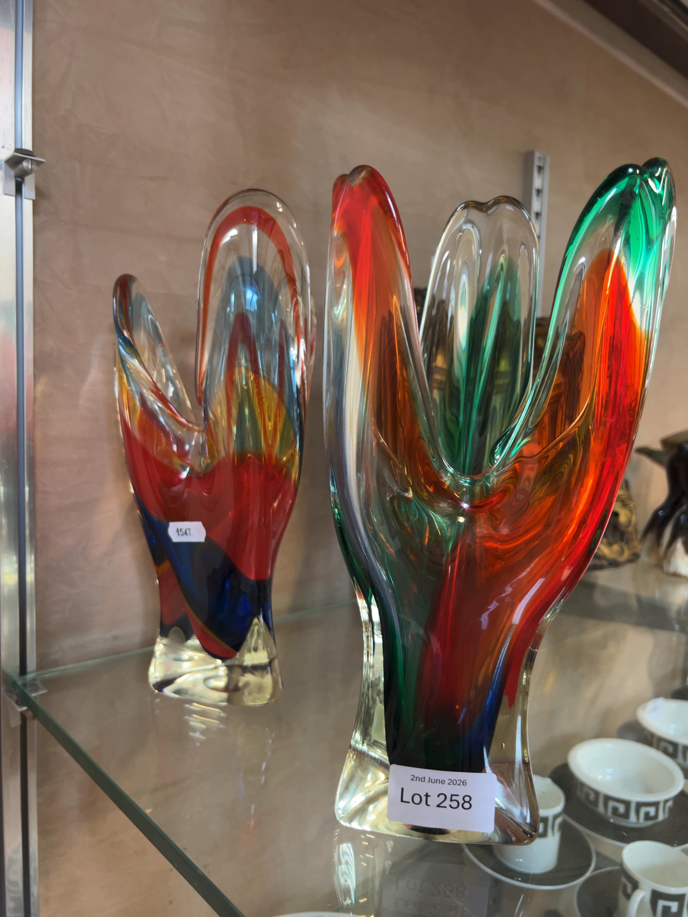 A Pair of Japanese Mid-Century Modern Sommerso Style Pulled Art Glass Vases