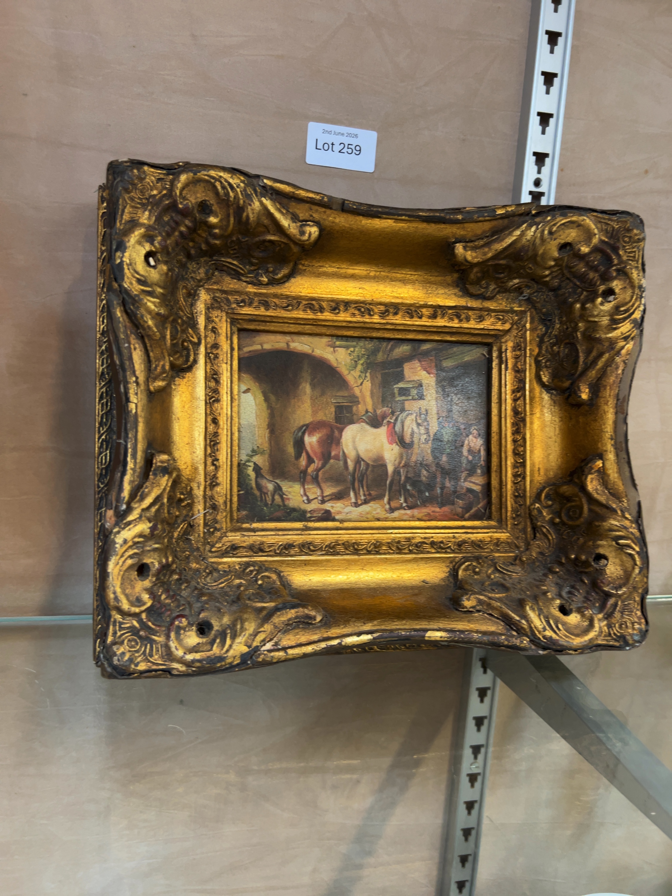 British or Northern European School, 19th Century style Oil on Panel effect, A Stable Scene with Horses and Figures