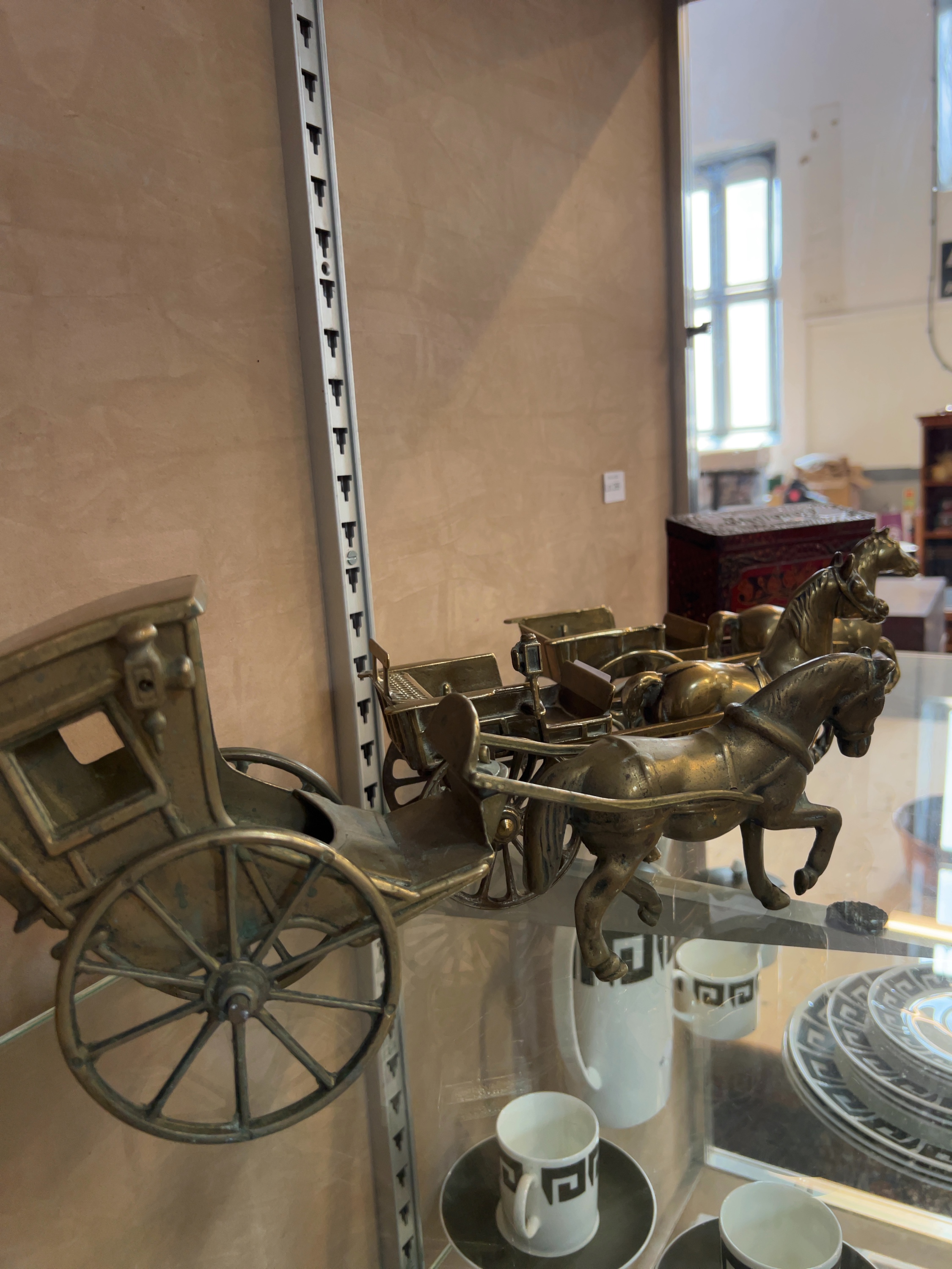 A Trio of Vintage Cast Brass Horse and Carriage Miniatures