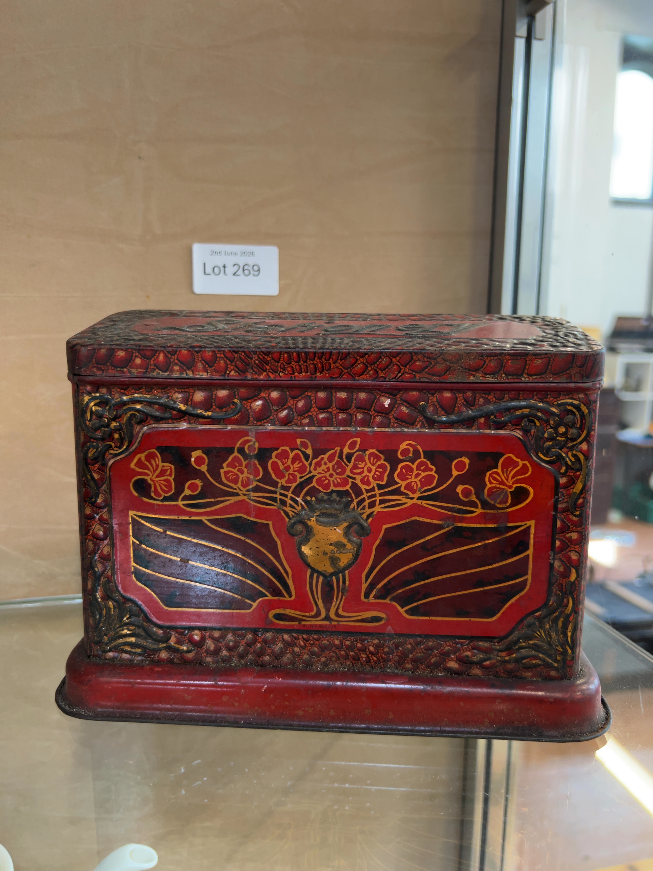 W & R Jacob and Co Ltd Embossed Red Faux-Skin Stationery / Biscuit Tin