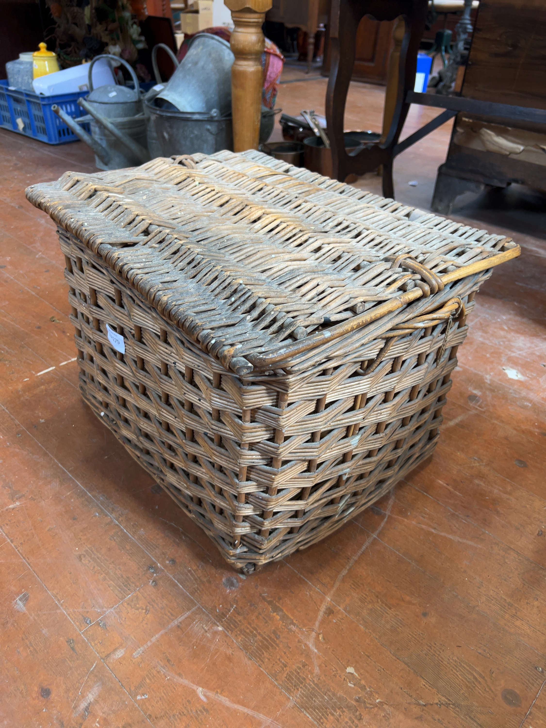 A Large Rectangular Woven Willow Storage Basket with Hinged Lid