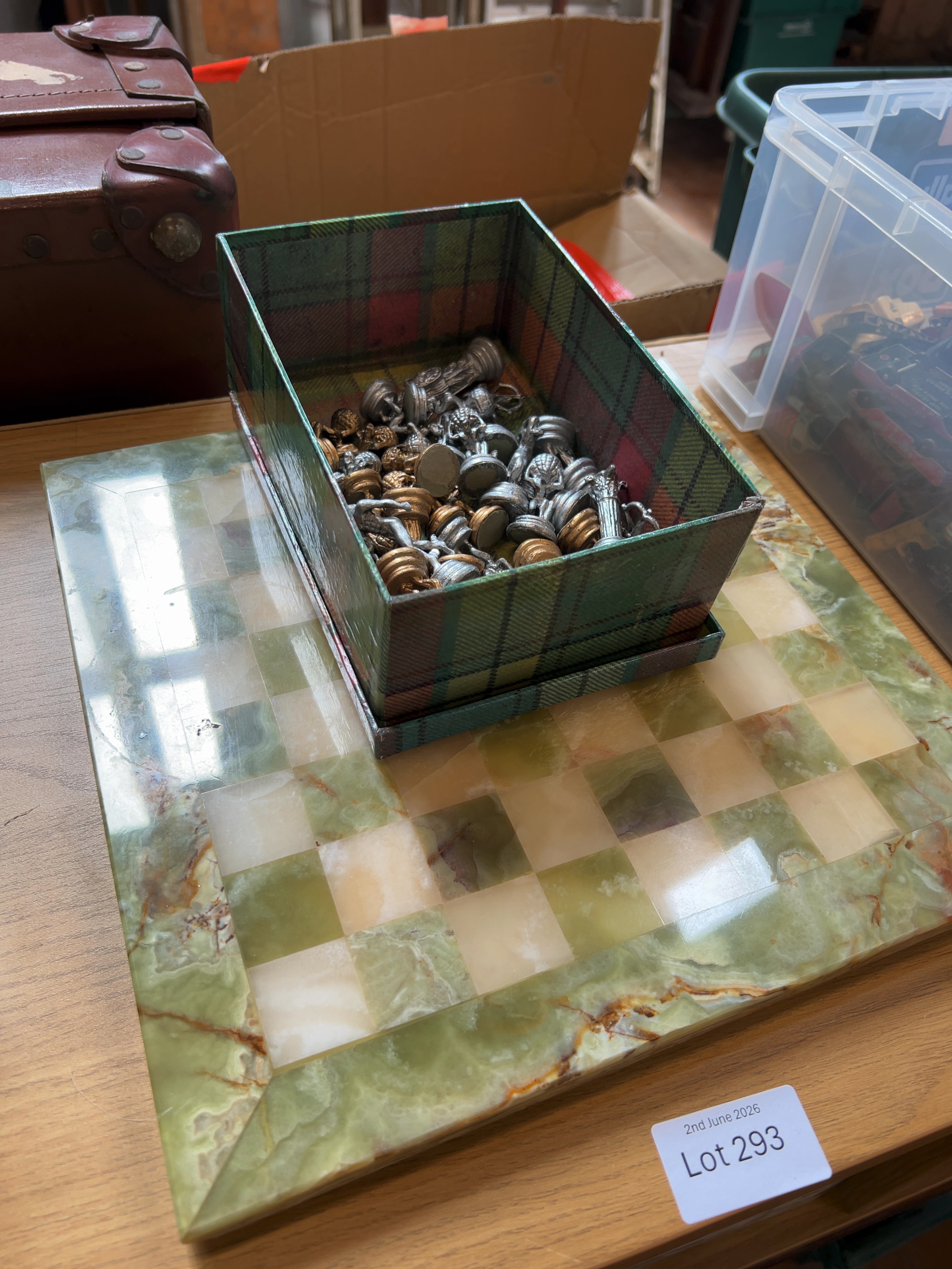 A Complete Ancient Greek Style Cast Metal Chess Set with Green Onyx and White Marble Board
