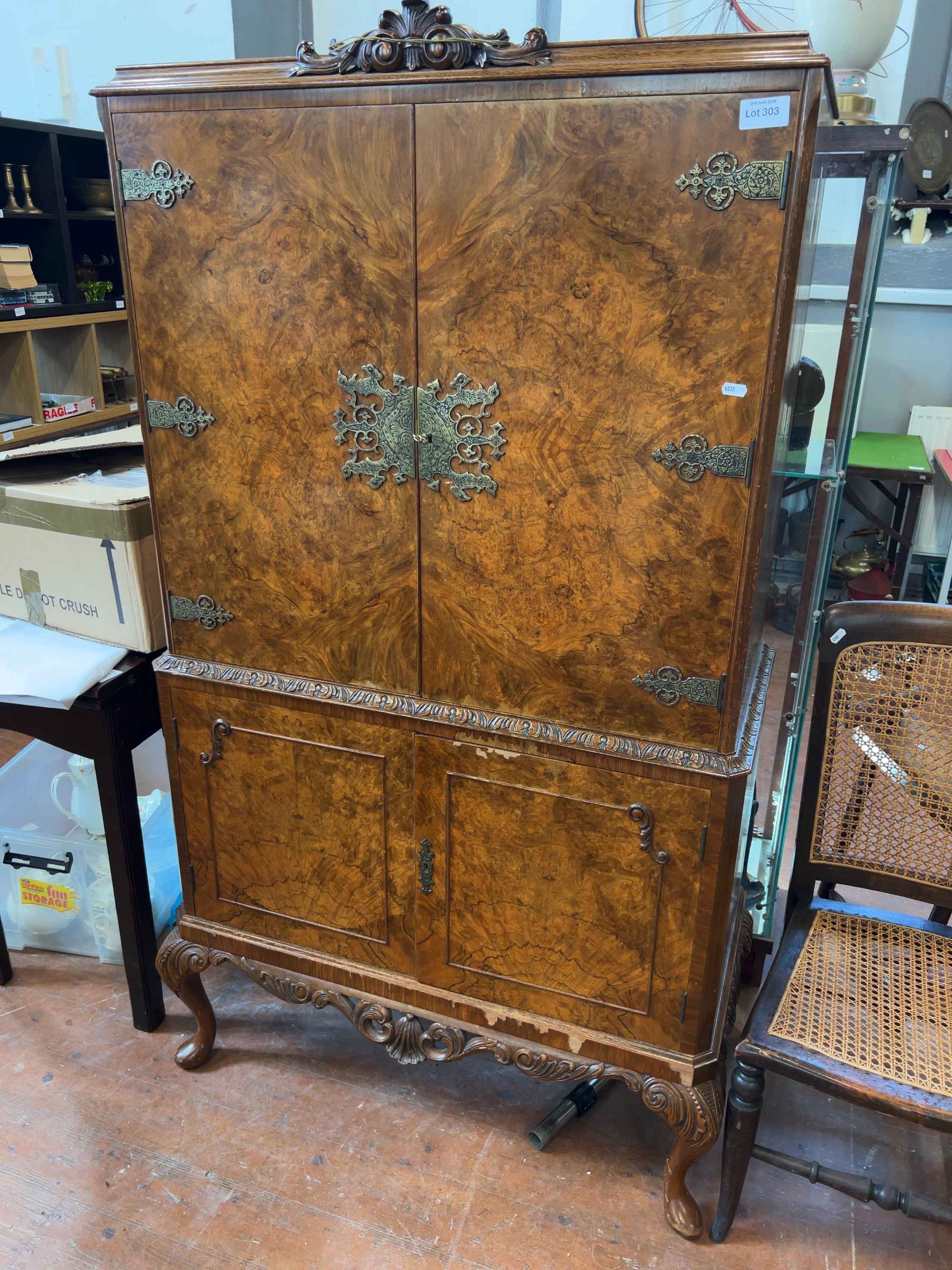 A Mid-20th-Century Queen Anne Style Burr Walnut Cocktail Cabinet