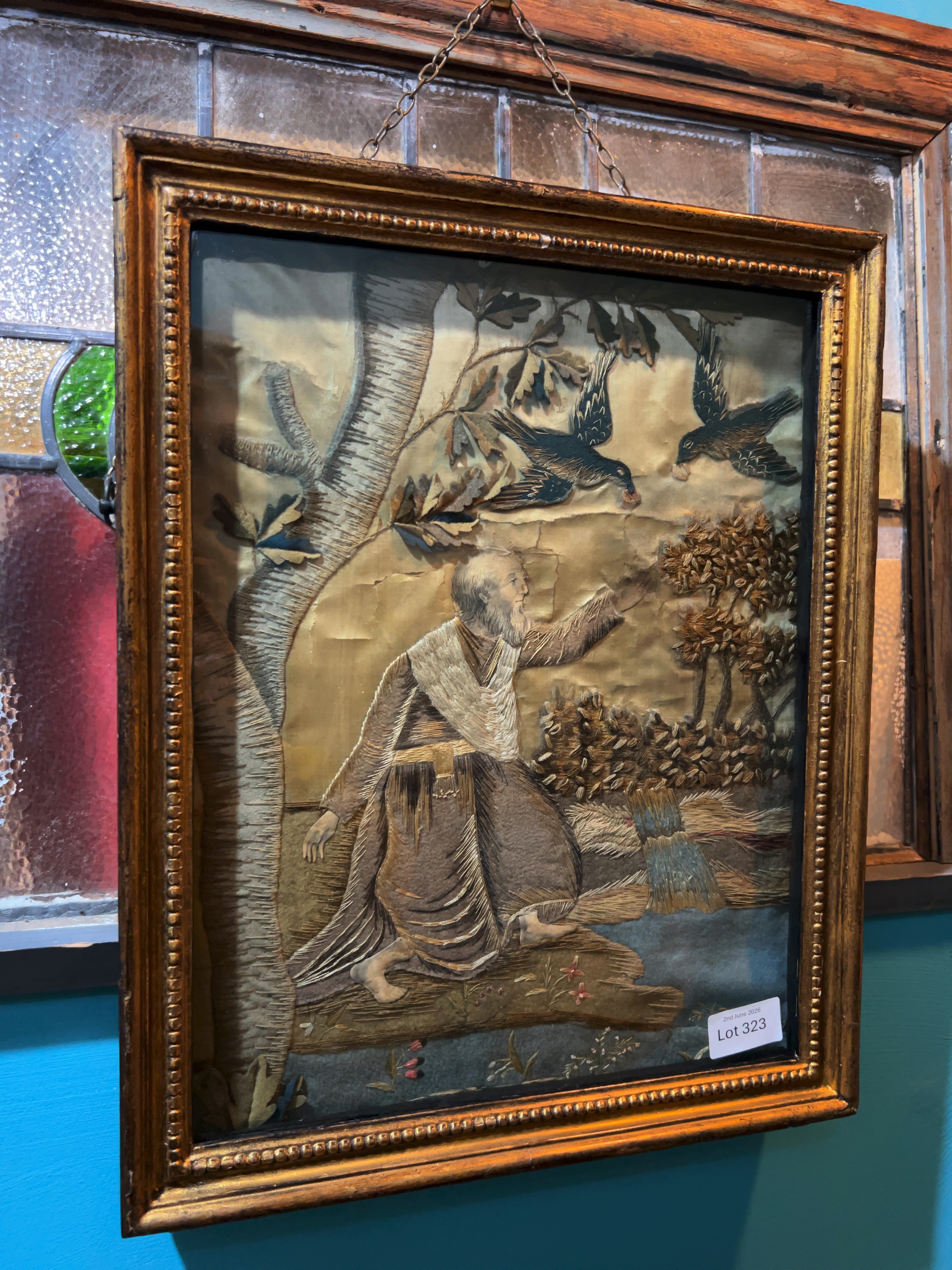 English School, late 18th or early 19th Century, Elijah in the Wilderness being fed by Ravens, silkwork needlework picture